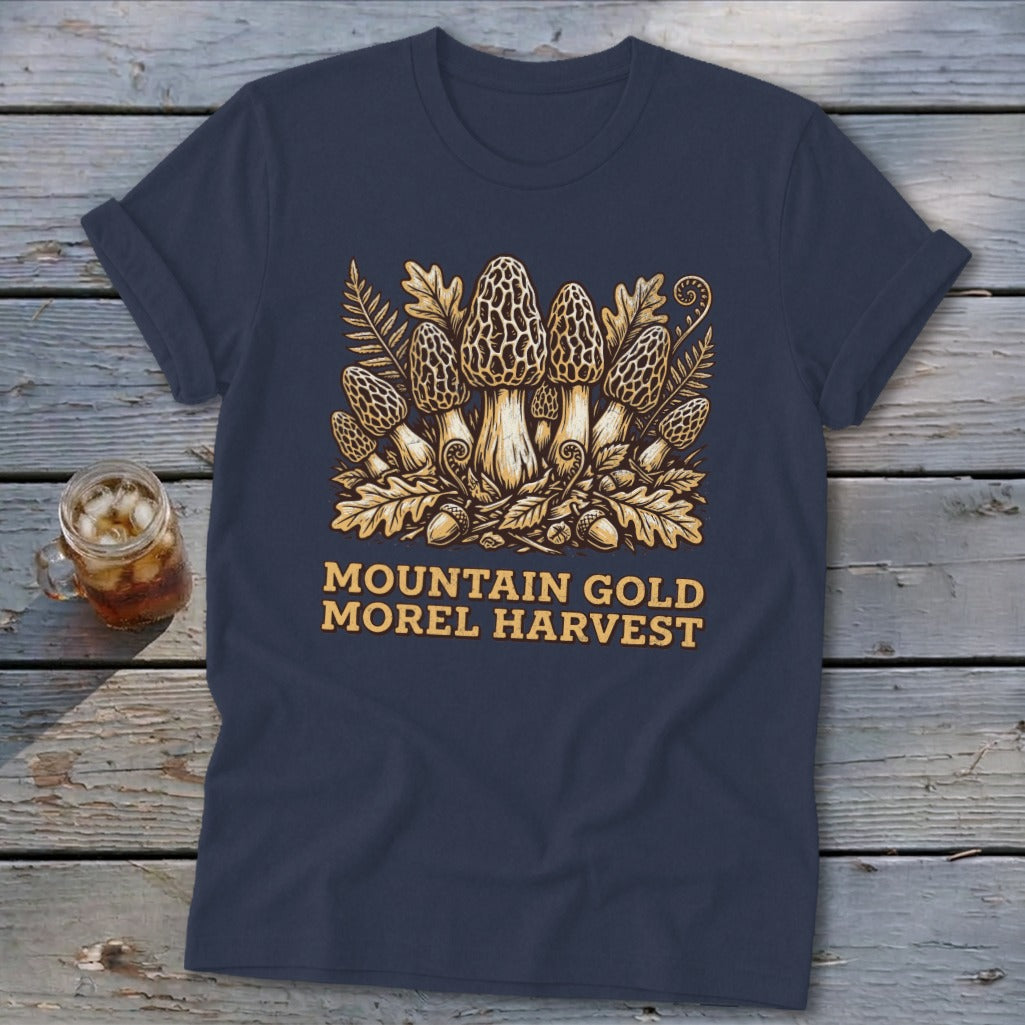 Dark blue t-shirt with "Mountain Gold Morel Harvest" text and a Morel mushroom illustration.