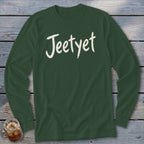 Dark green long sleeve shirt with white "Jeetyet" text and glass of iced drink.