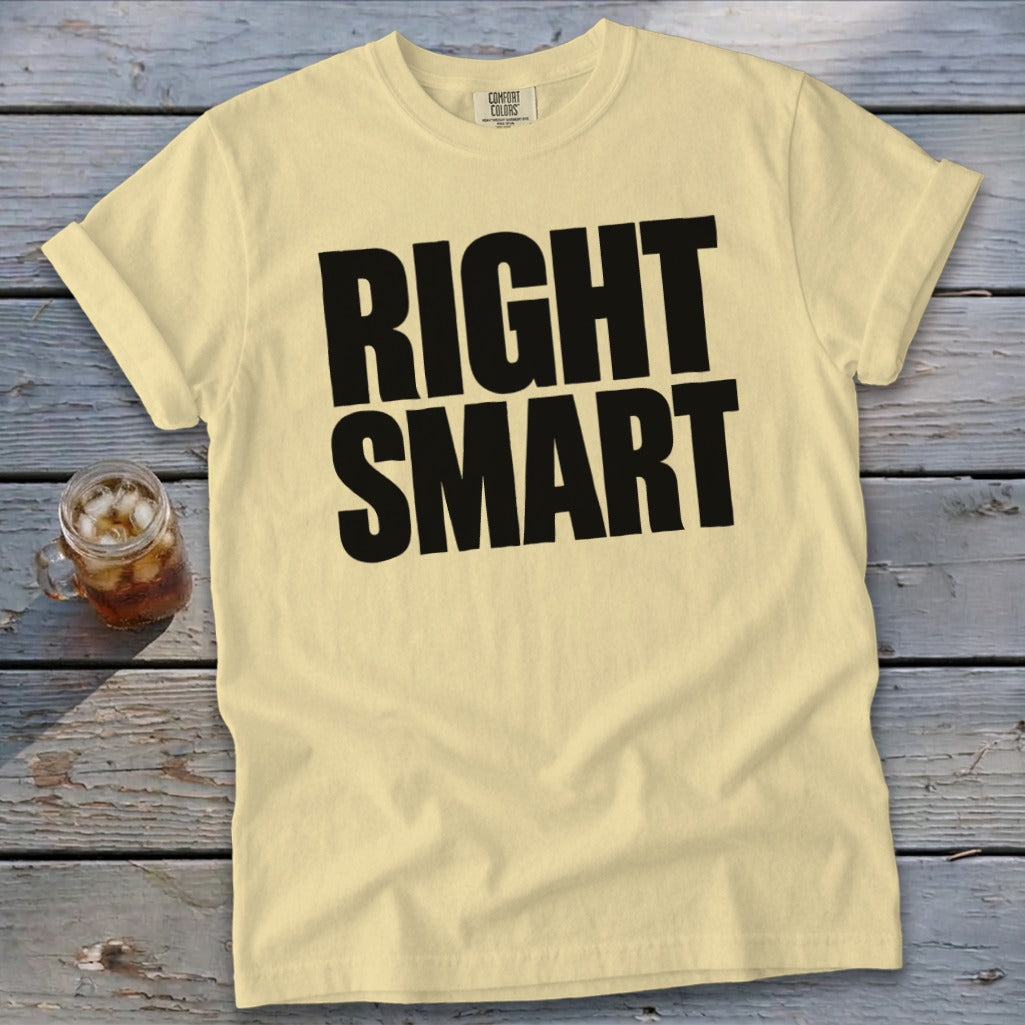 Light yellow t-shirt with black text "RIGHT SMART" and a glass of iced tea.