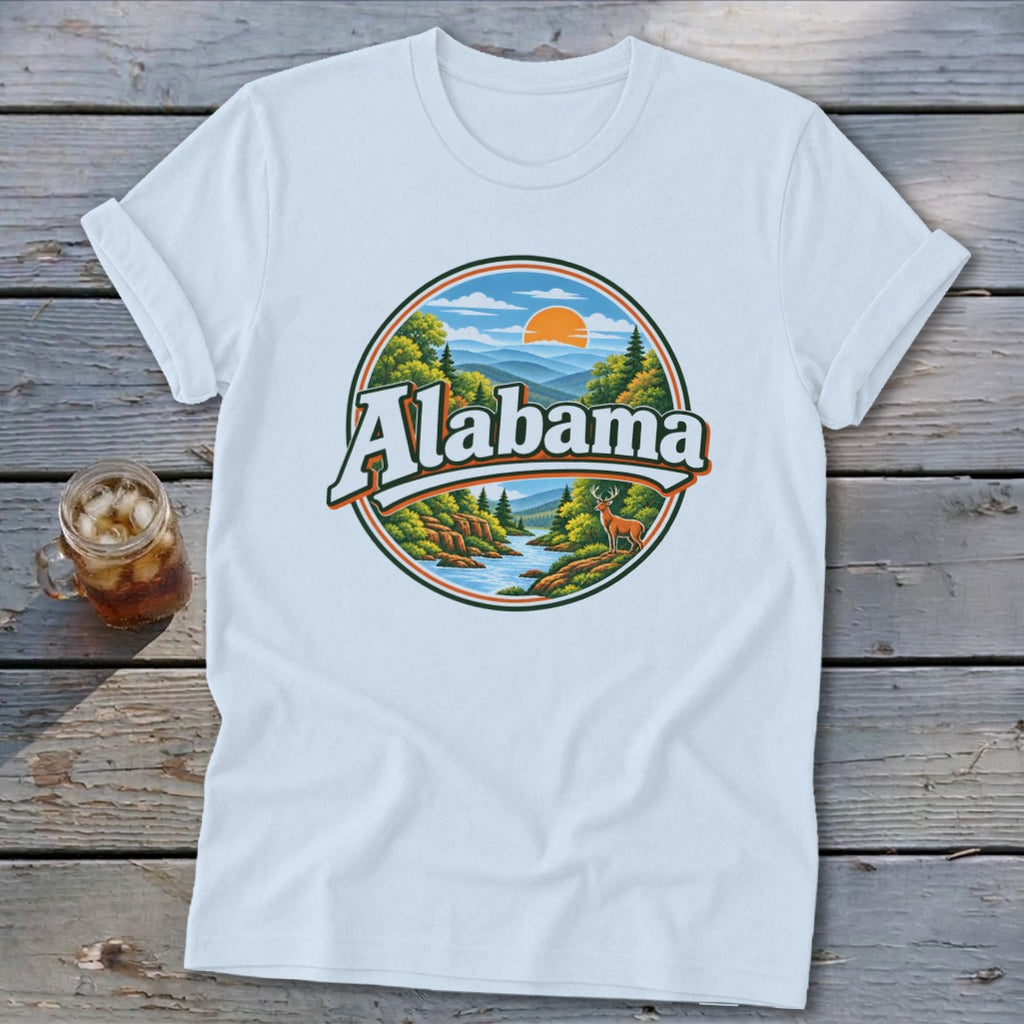 Light blue t-shirt with circular Alabama mountain and deer graphic.