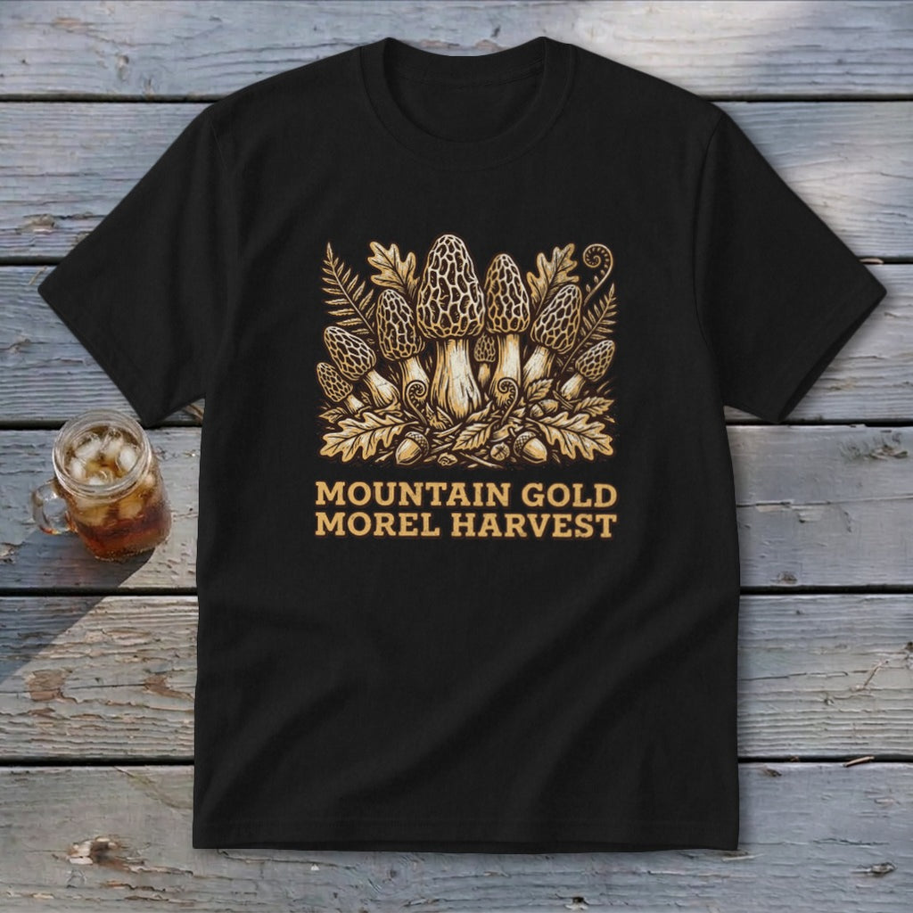 Black t-shirt with a "Mountain Gold Morel Harvest" graphic featuring morel mushrooms and foliage.