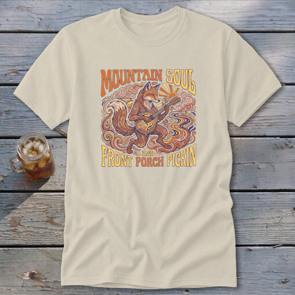 T-shirt with fox playing guitar and text "Mountain Soul and Front Porch Pickin'".