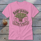 Pink t-shirt with "Ramp Season" graphic featuring onions, April-May dates, and mountains.