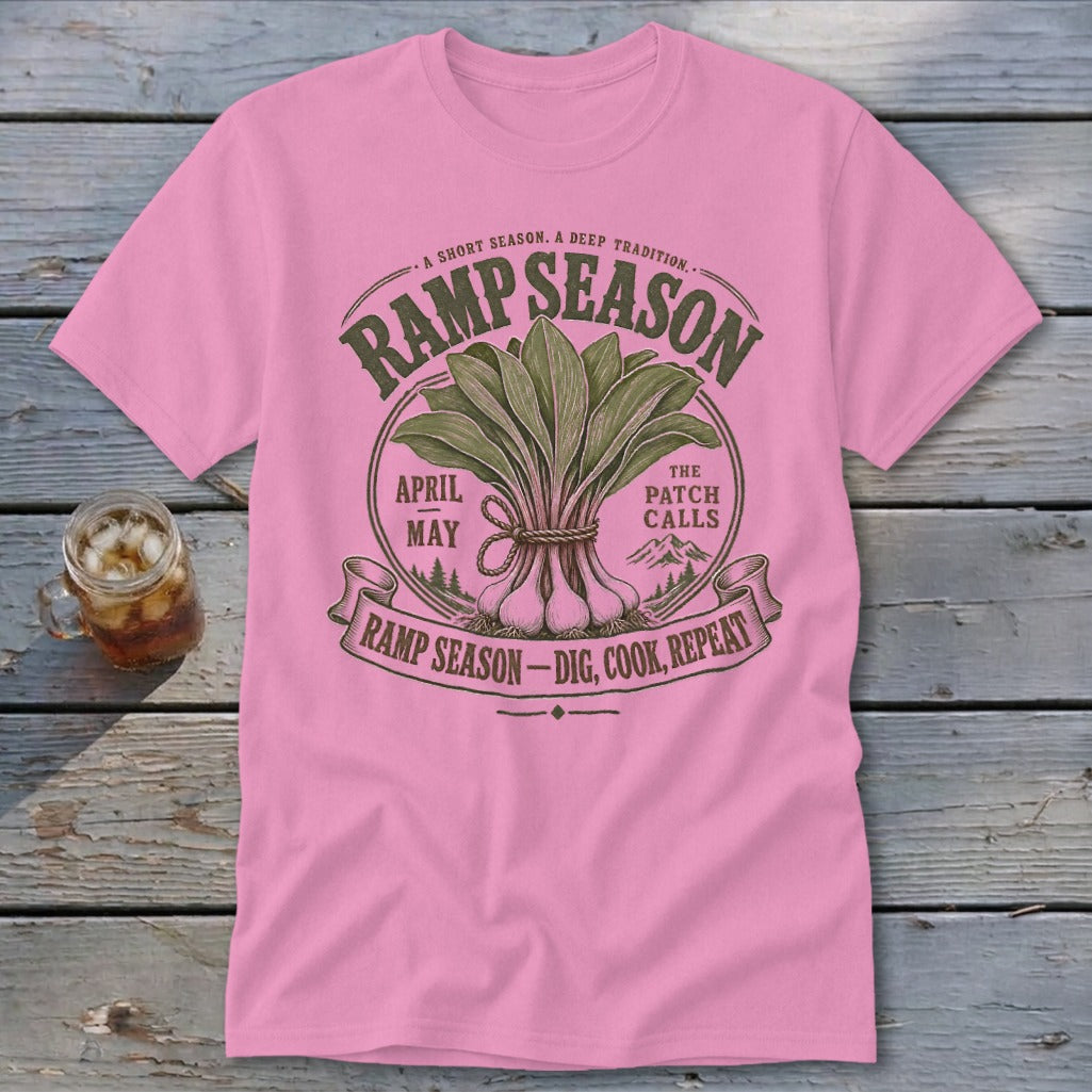 Pink t-shirt with "Ramp Season" graphic featuring onions, April-May dates, and mountains.