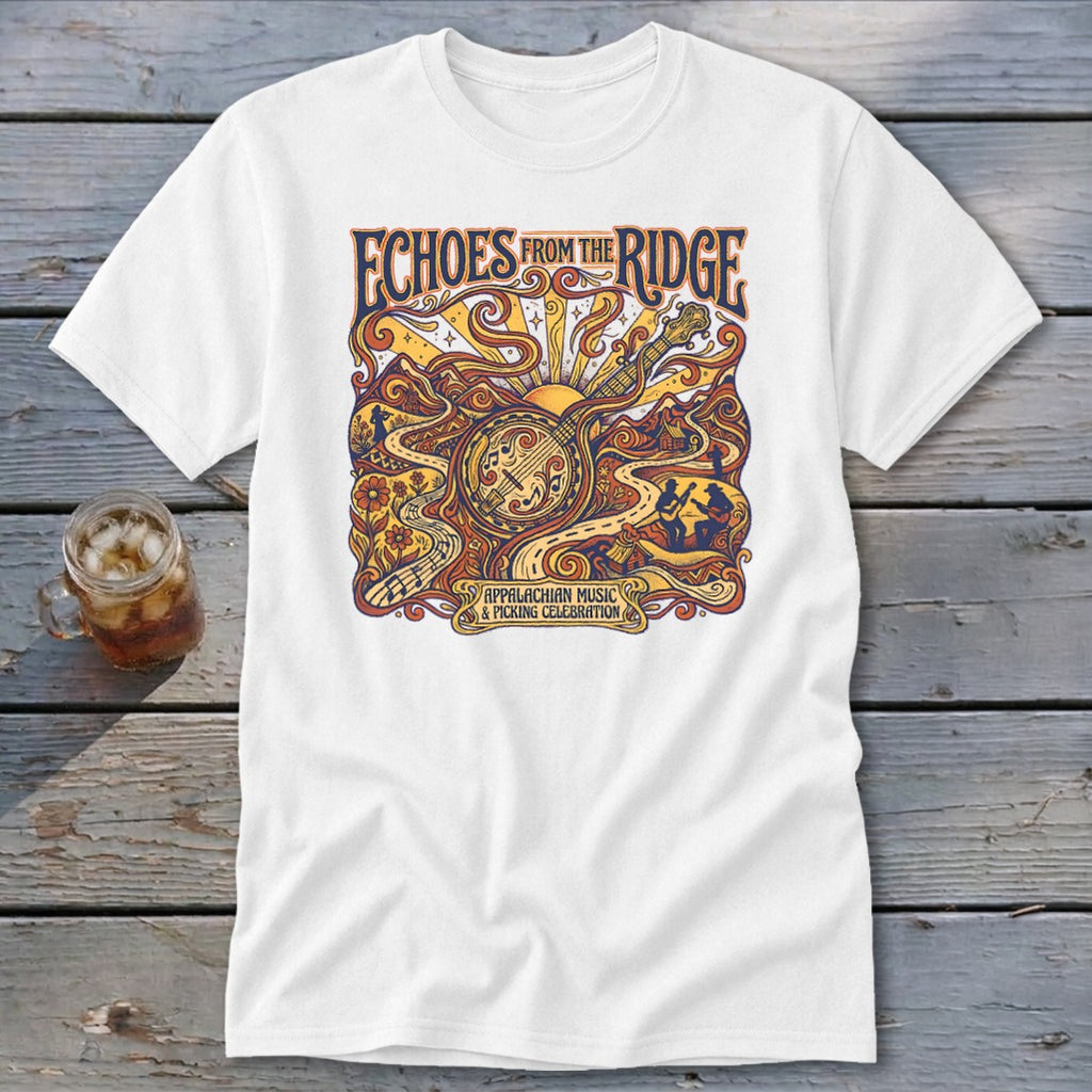 White t-shirt with colorful "Echoes From The Ridge" graphic featuring a banjo and mountain scene.