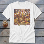 White t-shirt with colorful "Echoes From The Ridge" graphic featuring a banjo and mountain scene.