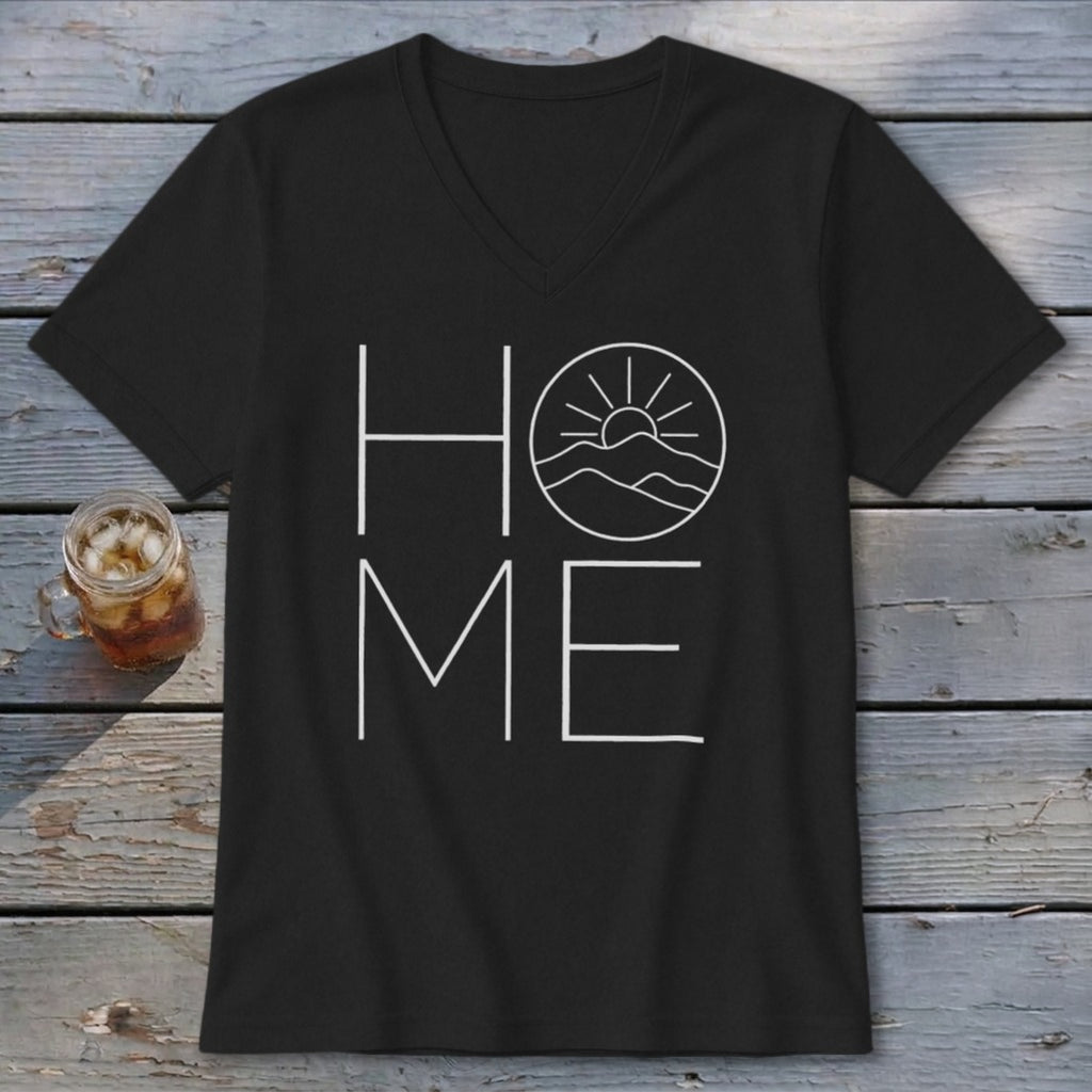 Black V-neck t-shirt with a white graphic reading HOME, where the O is replaced by a mountain and sun design.