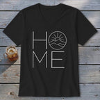 Black V-neck t-shirt with a white graphic reading HOME, where the O is replaced by a mountain and sun design.
