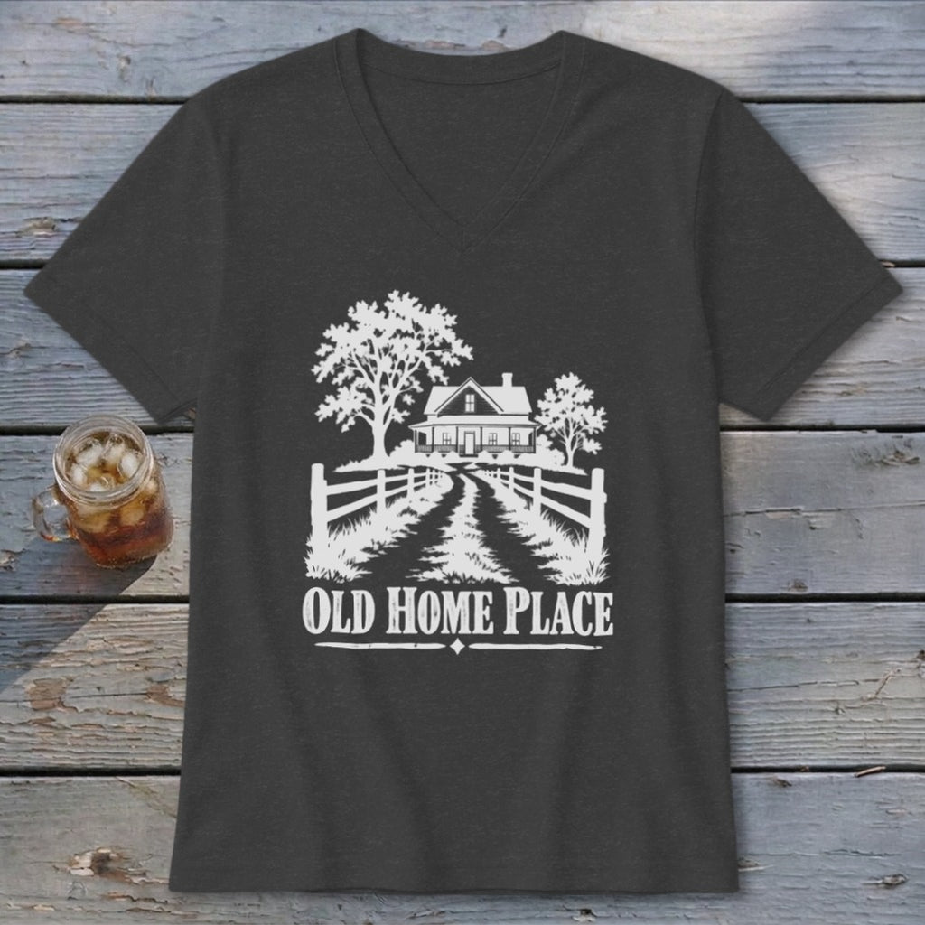 Dark gray t-shirt with white graphic of a farmhouse, trees, and fence.
