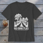 Dark gray t-shirt with white graphic of a farmhouse, trees, and fence.