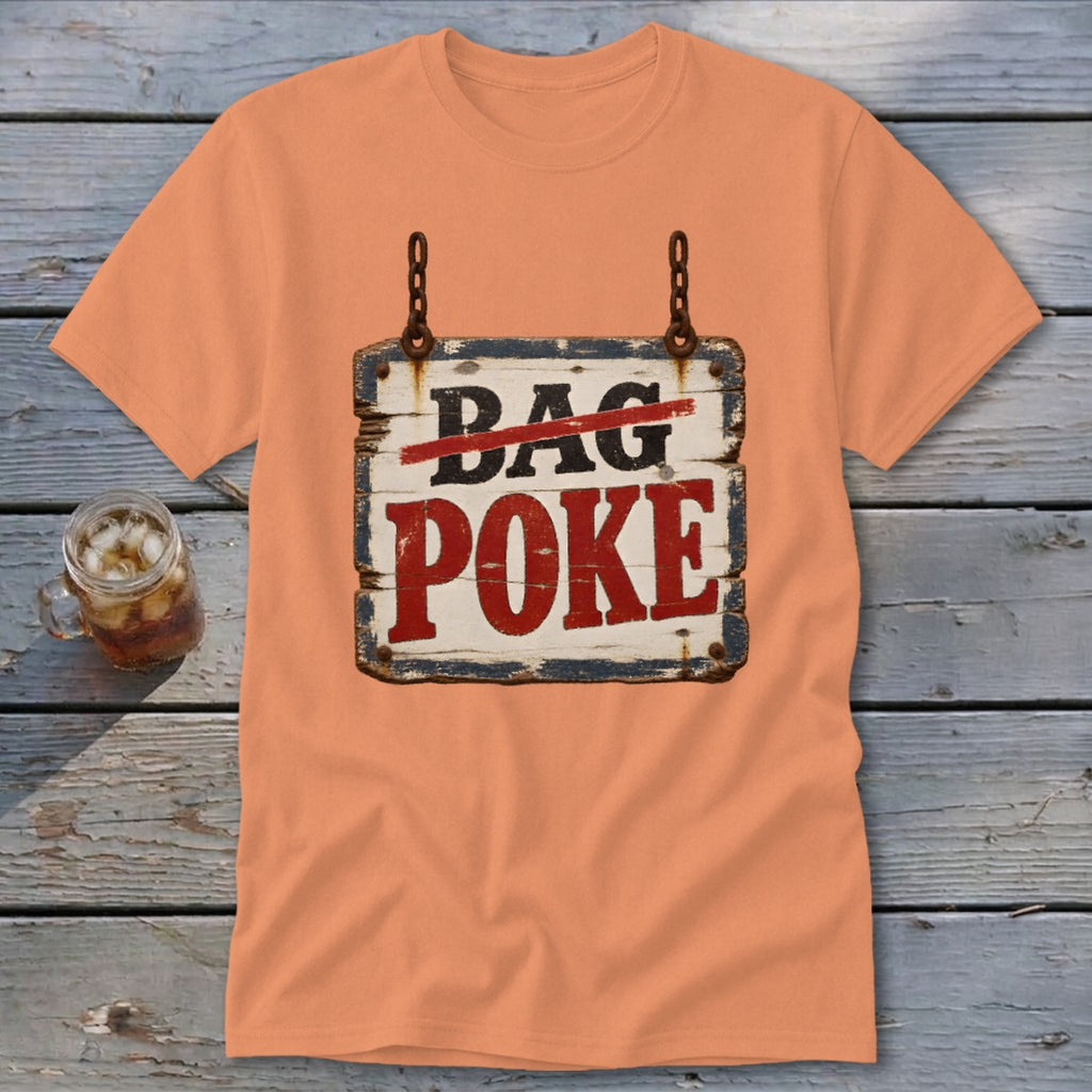 Peach crewneck t-shirt featuring a rustic sign graphic with the words DAG and POKE.