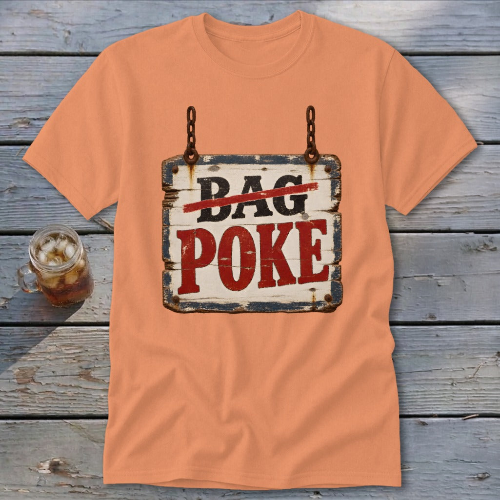 Peach crewneck t-shirt featuring a rustic sign graphic with the words DAG and POKE.