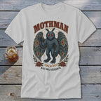 White t-shirt featuring Mothman graphic with text "MOTHMAN WAS MY NEIGHBOR."