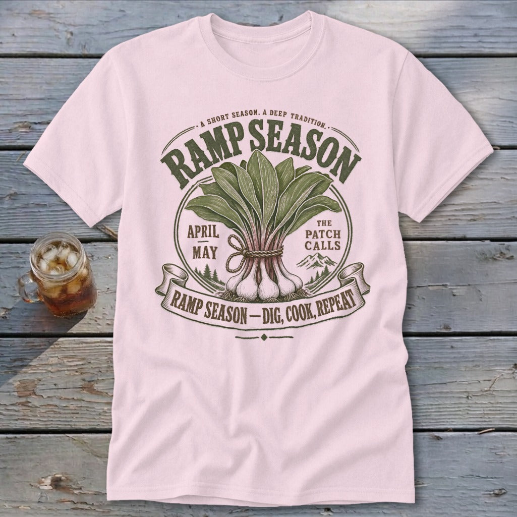 Pink t-shirt with "Ramp Season" graphic featuring a bunch of ramps.