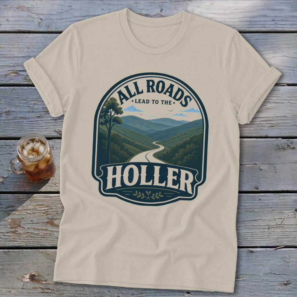 T-shirt with "All Roads Lead to the Holler" text and mountain road design.