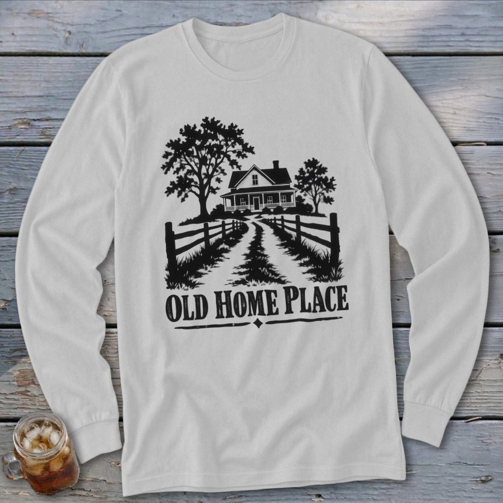 White long sleeve shirt with black graphic of a house, trees, fence, and text "OLD HOME PLACE".
