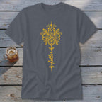 Gray t-shirt with yellow floral design and script text "holler".