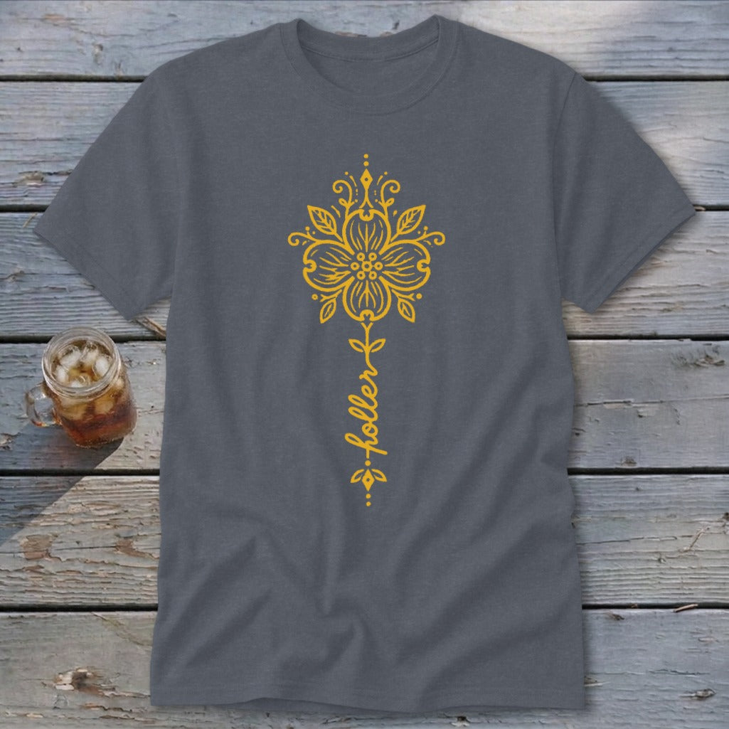Gray t-shirt with yellow floral design and script text "holler".