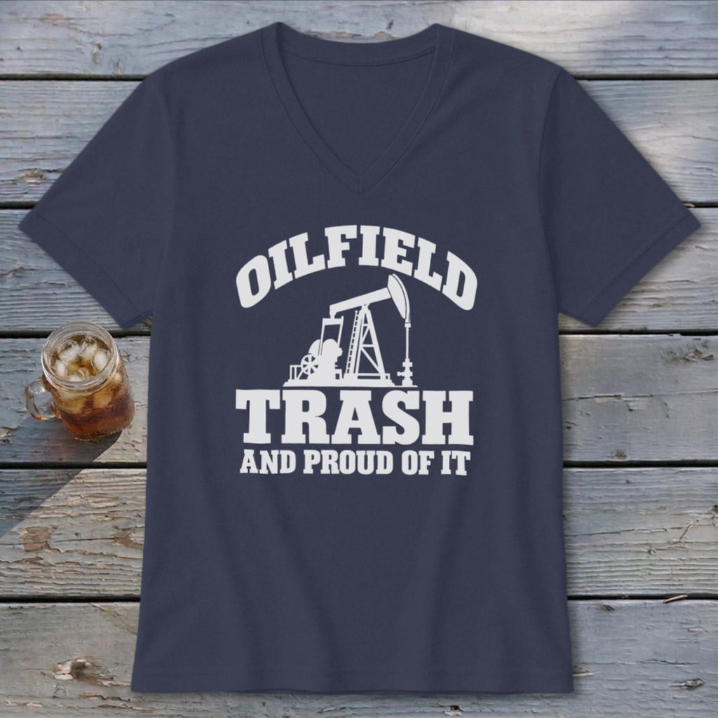 Dark blue v-neck t-shirt with white text and oil pump graphic.