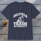 Dark blue v-neck t-shirt with white text and oil pump graphic.