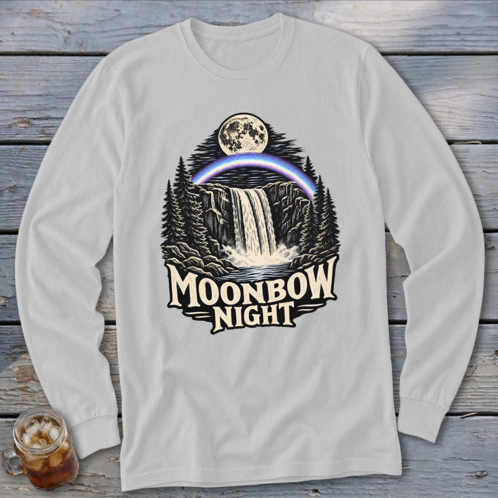 Long sleeve shirt with Moonbow Night waterfall graphic and moon.