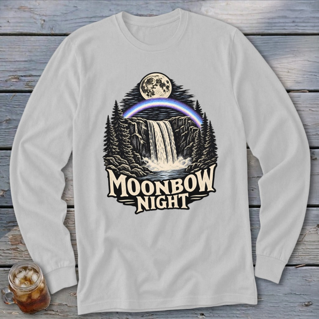 Long sleeve shirt with Moonbow Night waterfall graphic and moon.