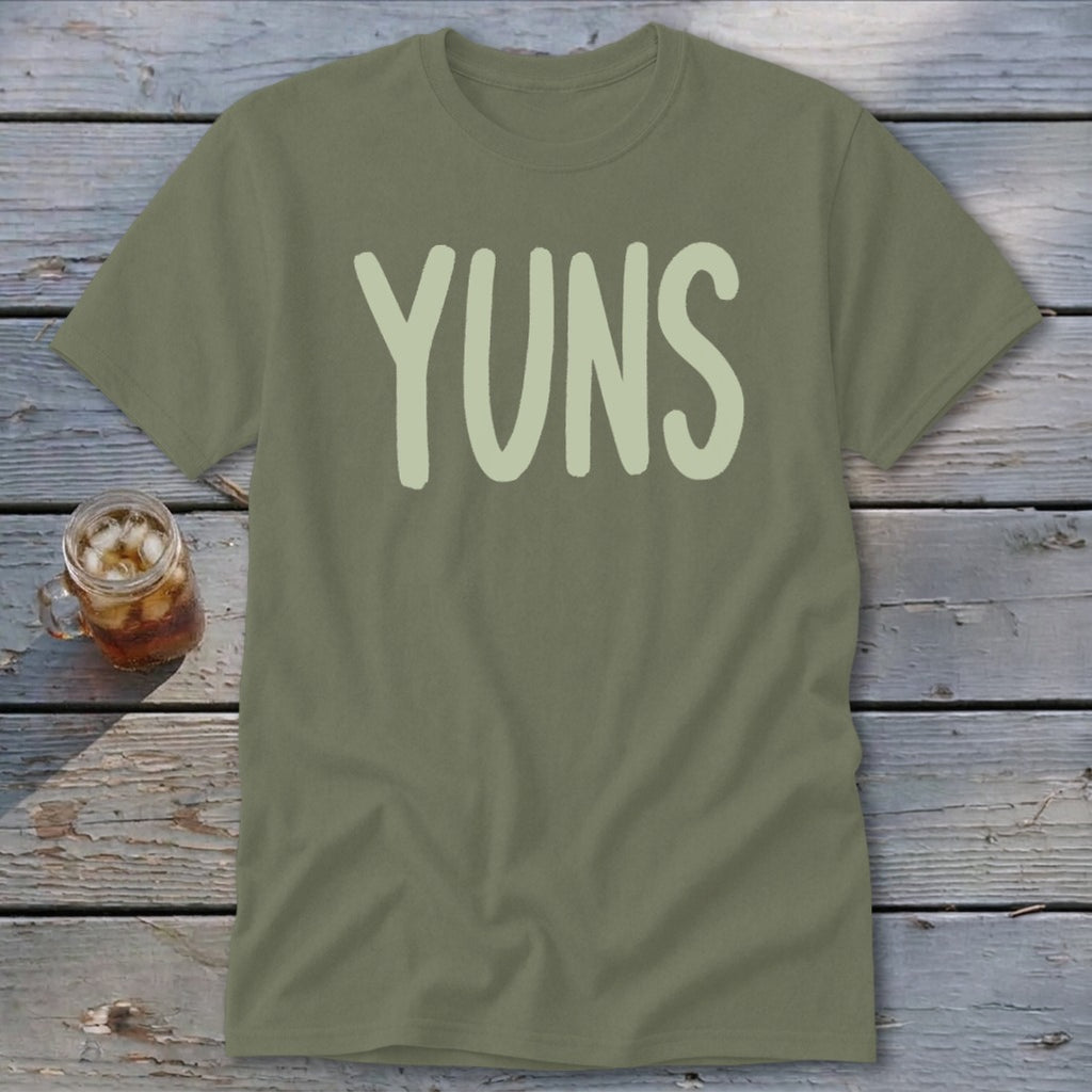 Olive green t-shirt with "YUNS" in light green lettering, and a drink with ice.