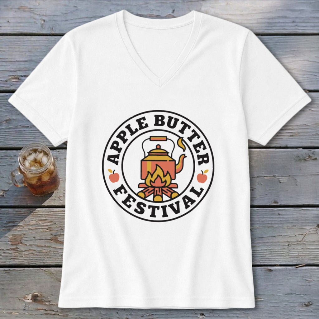 White t-shirt with "Apple Butter Festival" text and kettle graphic.