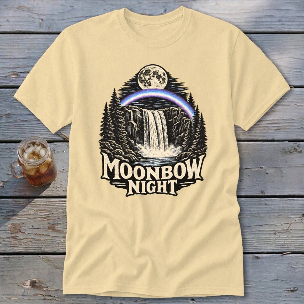 Cream t-shirt with Moonbow Night waterfall, moon, and rainbow graphic.