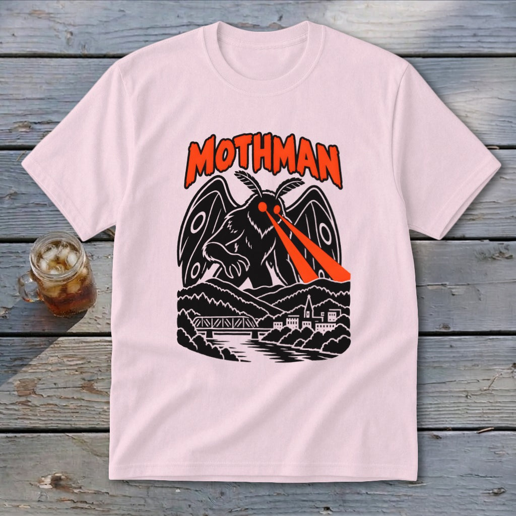Pink t-shirt with black Mothman graphic and orange text.