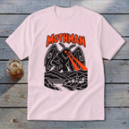 Pink t-shirt with black Mothman graphic and orange text.