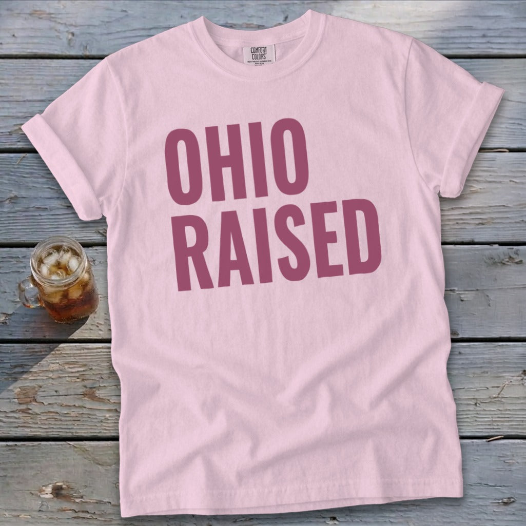 Light pink t-shirt with "OHIO RAISED" in dark pink text.