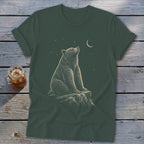 Bear sitting on rock looking up at crescent moon and stars.