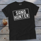 Black t-shirt with white text "SANG HUNTER" inside a distressed rectangle.
