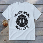 White t-shirt with black "Holler Hound Society" text and dog graphic.