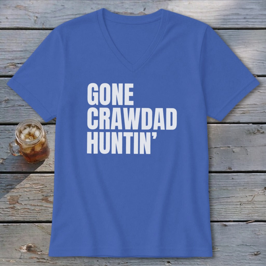 Royal blue t-shirt with white text that reads "GONE CRAWDAD HUNTIN'".