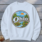 White sweatshirt with a circular graphic featuring "Ohio" over a scenic landscape with a deer.