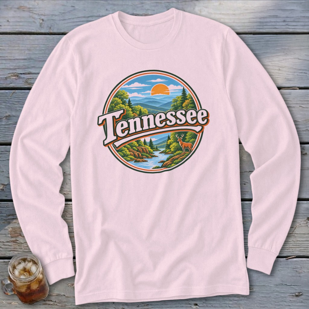 Long sleeve shirt with a circular graphic of a Tennessee landscape featuring a river and deer.