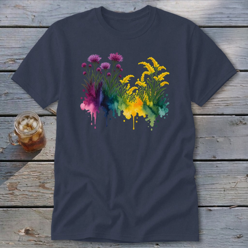 Navy t-shirt with a watercolor floral design of purple and yellow flowers with colorful paint splatters.