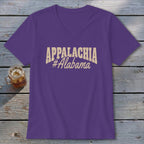 Purple v-neck t-shirt with "APPALACHIA #Alabama" graphic and a drink.