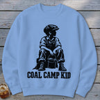 Light blue sweatshirt with black graphic of a boy holding a bucket, text reads "Coal Camp Kid".