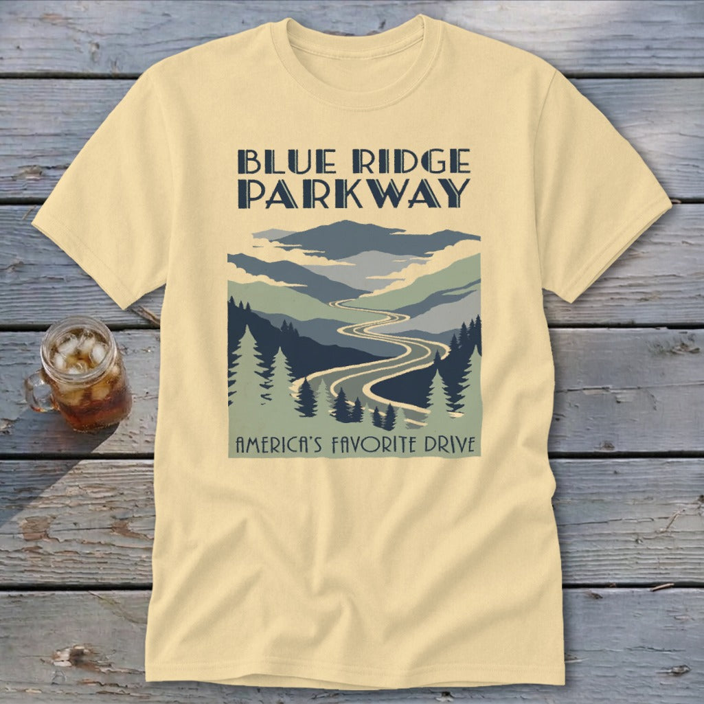 Cream crewneck t-shirt featuring a Blue Ridge Parkway mountain graphic and text on a wooden background.