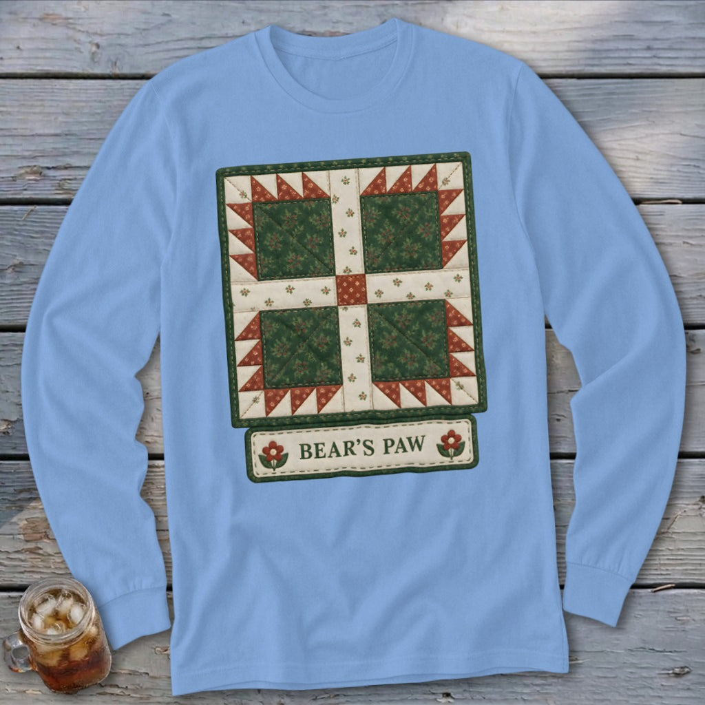 Light blue long-sleeve shirt with a "Bear's Paw" quilt block design.