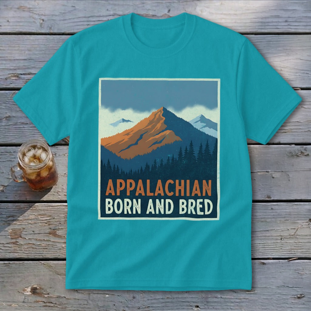 Teal t-shirt featuring a mountain graphic with the text Appalachian Born and Bred.