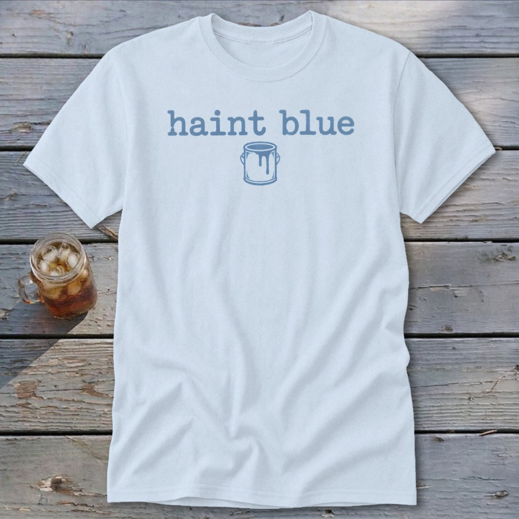 Light blue t-shirt with "haint blue" text and a paint can graphic.