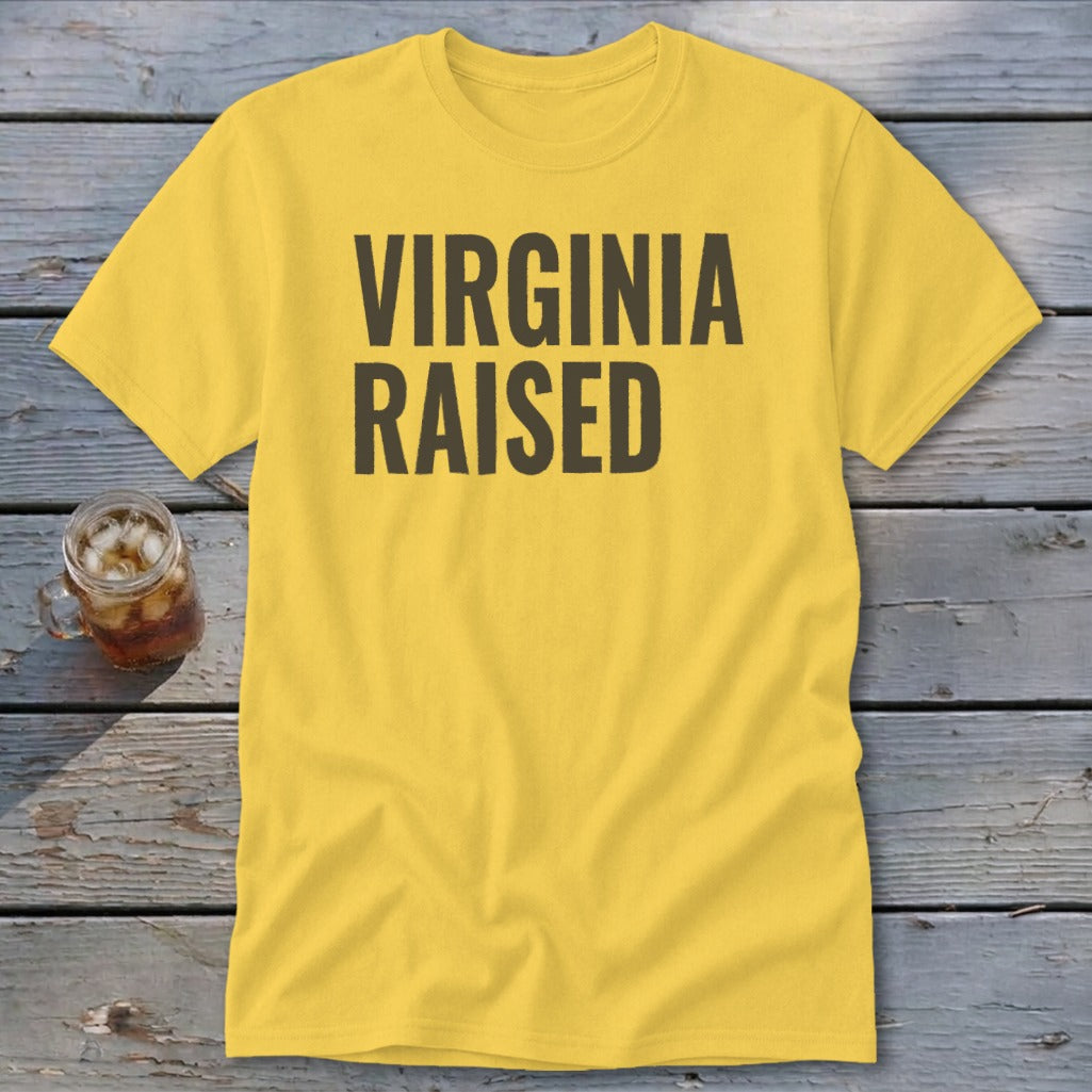 Yellow t-shirt with black text that reads "VIRGINIA RAISED".