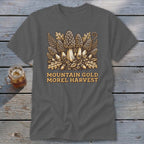 Gray t-shirt with "Mountain Gold Morel Harvest" text and a Morel mushroom illustration.