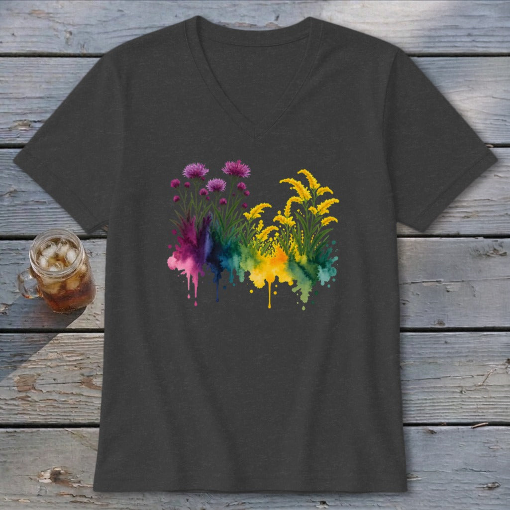 Dark gray v-neck t-shirt with watercolor wildflowers and paint splatters.