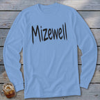 Light blue long sleeve shirt with black "Mizewell" text.