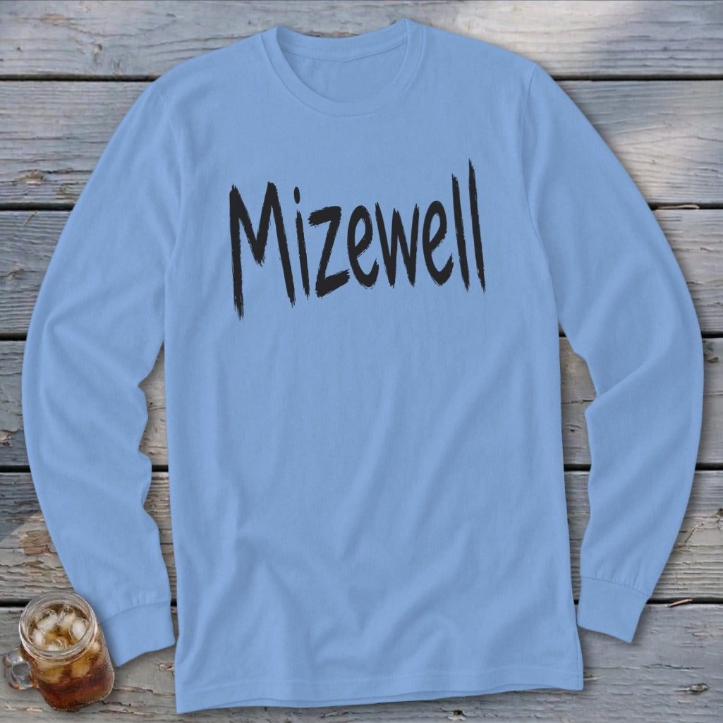 Light blue long sleeve shirt with black "Mizewell" text.